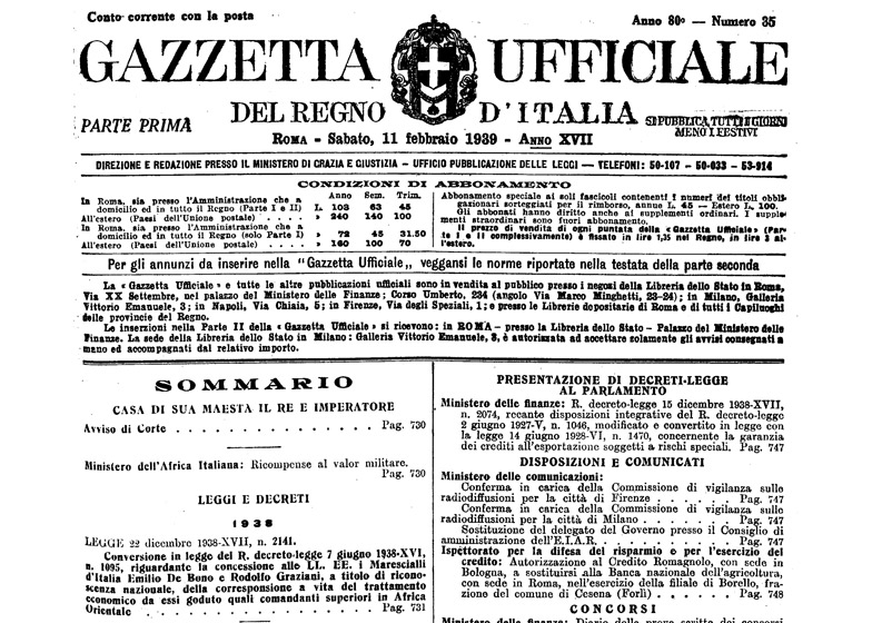 Gazzetta Ufficiale d’Italia, 11 febbraio 1939, anno XVII