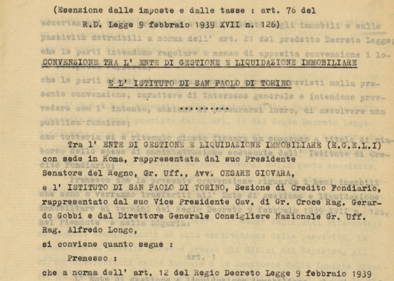 Estratto della convenzione tra l’Ente Gestione e Liquidazione Immobiliare e l’Istituto di San Paolo di Torino, 23 febbraio 1940 (ASSP, III, 1.3)