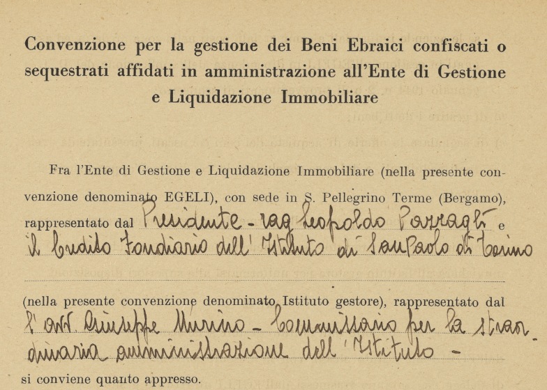 Estratto della convenzione tra l’Ente Gestione e Liquidazione Immobiliare e l’Istituto di San Paolo di Torino,10 novembre 1944 (ASSP, III, 4.3)