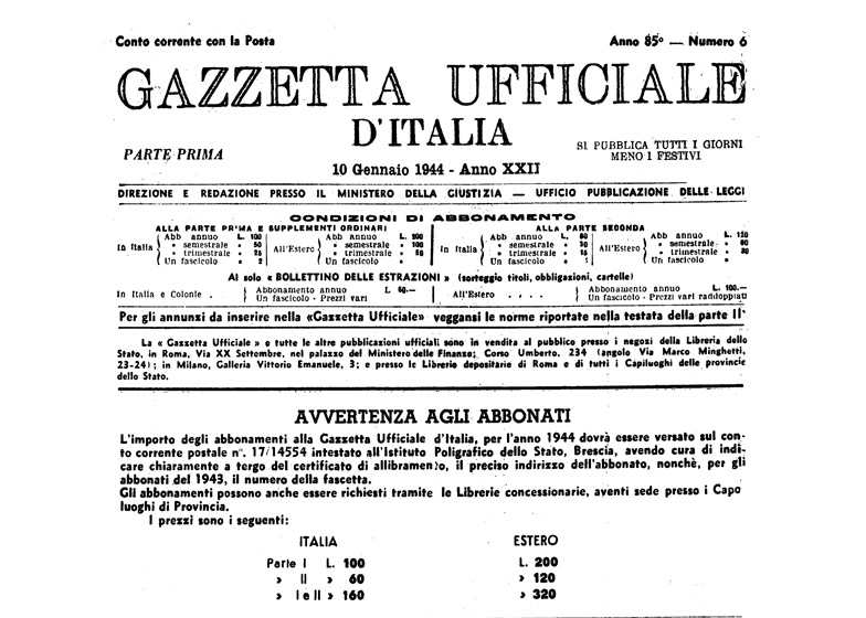 Gazzetta Ufficiale d’Italia, 10 gennaio 1944, anno XXII