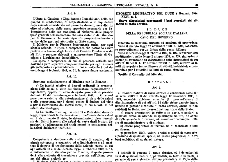 Gazzetta Ufficiale d’Italia, 10 gennaio 1944, anno XXII