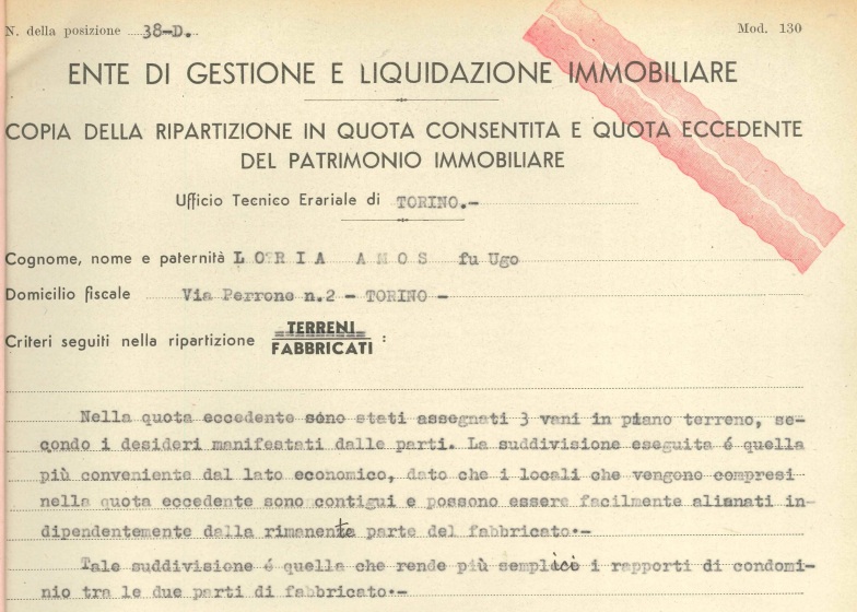 Pratica Loria Amos: ripartizione fra quota eccedente e quota consentita, 1940; 1942 (ASSP, III, 222)