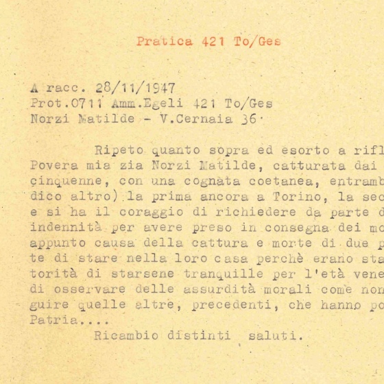 Pratica Norzi Eugenio: risposta alla richiesta di rimborso, 1947 (ASSP, III, 464)