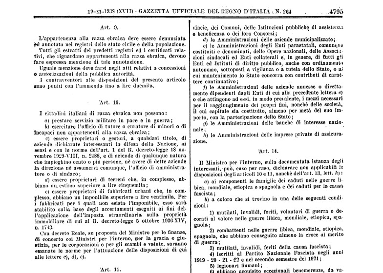 Gazzetta Ufficiale d’Italia, 19 novembre 1938, anno XVII