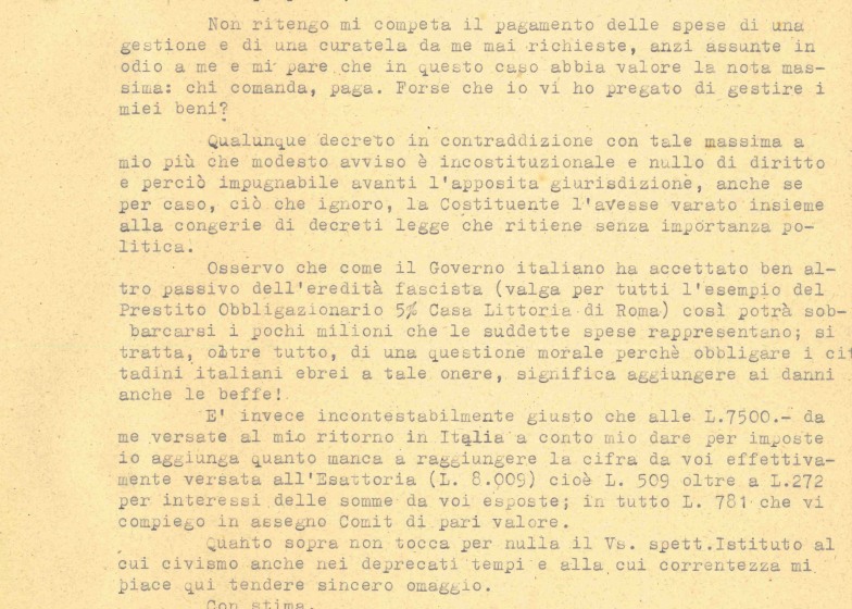 Risposta di Arrigo Bonfiglioli alla richiesta di rimborso, 1947 (ASSP, III, 261)